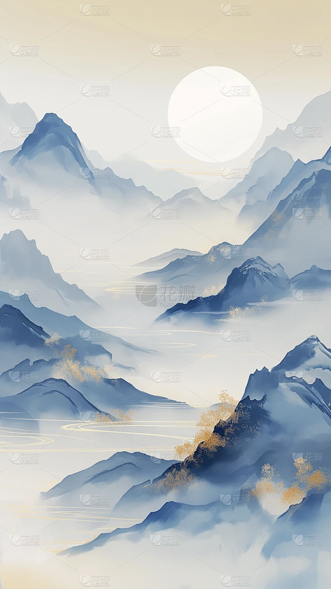 中国风系列青蓝色鎏金水墨山水背景通用背景素材素材-花瓣网