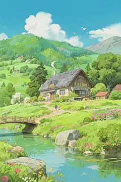 美丽的小山庄，插画风格，宫崎骏动漫风格