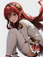 00272-2901875216-(character on front),  lady,Red hair,yuansu _(erjue_),,backlighting,simple background,beautiful detailed sky,chibi,fetal positio