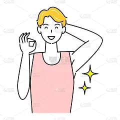 微笑可爱的男人显示美丽的腋窝闪闪发光的身体护理效果OK插图简单向量一个男人与漂亮的微笑显示他的美丽的