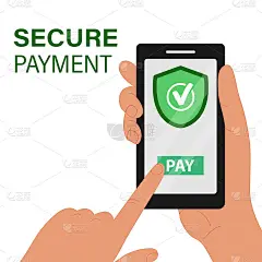 安全支付的设计理念。一只手拿着带有安全支付按钮的手机。