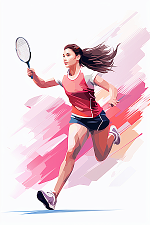 打羽毛球手绘彩色插画