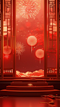 Chinese new year fireworks in the red background, in the style of trompe l'oeil compositions, daz3d, narrative paneling, mirror rooms, nature-inspired art nouveau, interior scenes, minimalist backgrounds