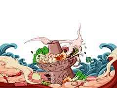彩色国潮动漫手绘风四川火锅美食元素PNG素材