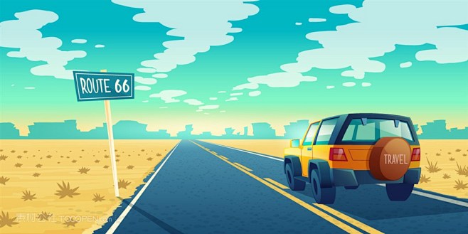 沙漠公路上的吉普汽车插画