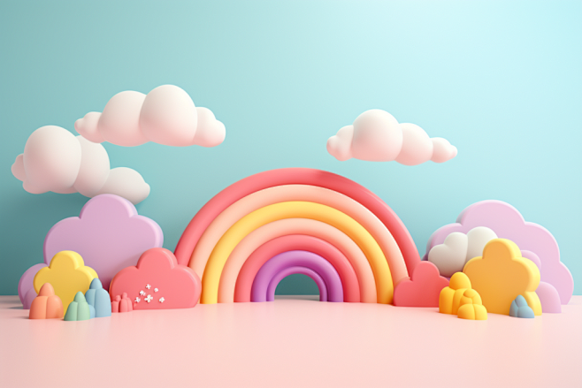 彩色云朵卡通立体彩虹模型背景图