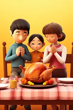 烤火鸡祈祷感恩节人物模型