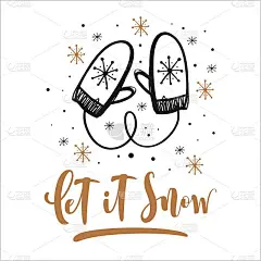 让它下雪了。圣诞书法。手写现代毛笔字母。手绘针织连指手套。