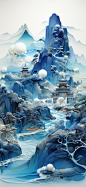 一幅山水3D水彩插图