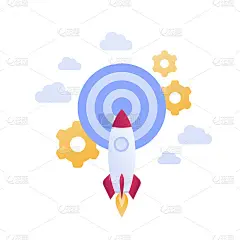 创业与成功创新创业的启动理念。矢量平面插图。在空中飞火箭瞄准目标。齿轮工程符号。设计元素的旗帜，海报