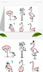 不同姿势的粉红色火烈鸟卡通设计元素