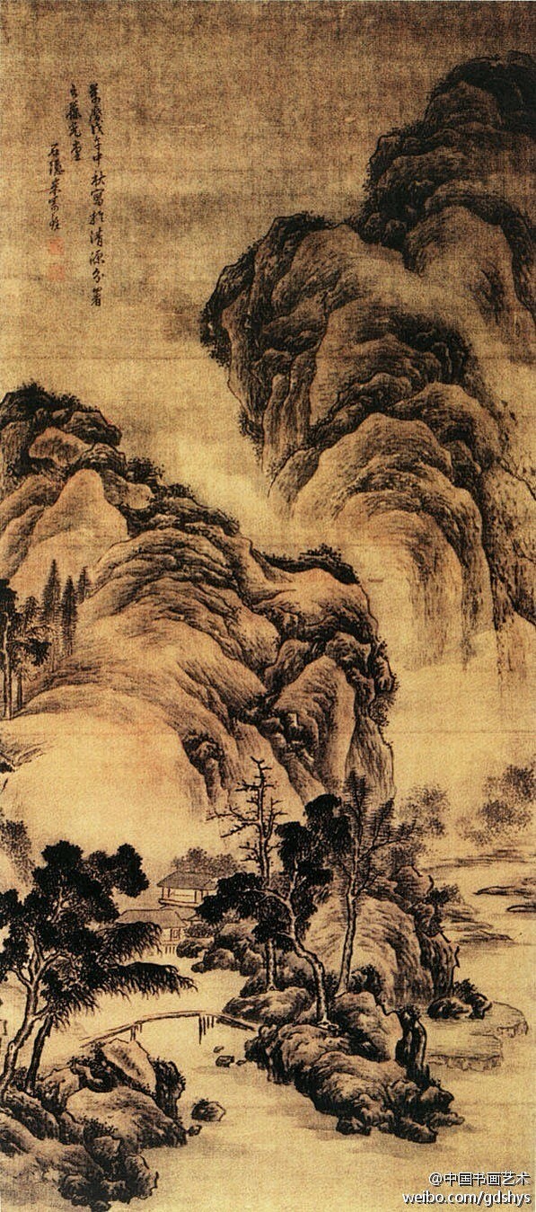 上突崇山叠峦,下铺溪流栈桥,水榭,兼及高远,平远透视,给人以山