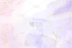 抽象两种颜色的玫瑰和薰衣草液体大理石背景与金色条纹和闪光尘埃。粉紫色水彩画效果。矢量插图背景与金色飞