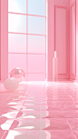 the pink room has glass windows and checkered floor, in the style of luminous 3d objects, minimalist still life, dusty piles, made of crystals, baroque-inspired still lifes, minimalistic japanese, 3d