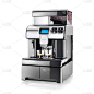 浓缩咖啡机与滴盘隔离的白色。黑色和钢铁自动咖啡机与两个杯子。家庭及家用电器。触摸屏电咖啡机。厨房电器