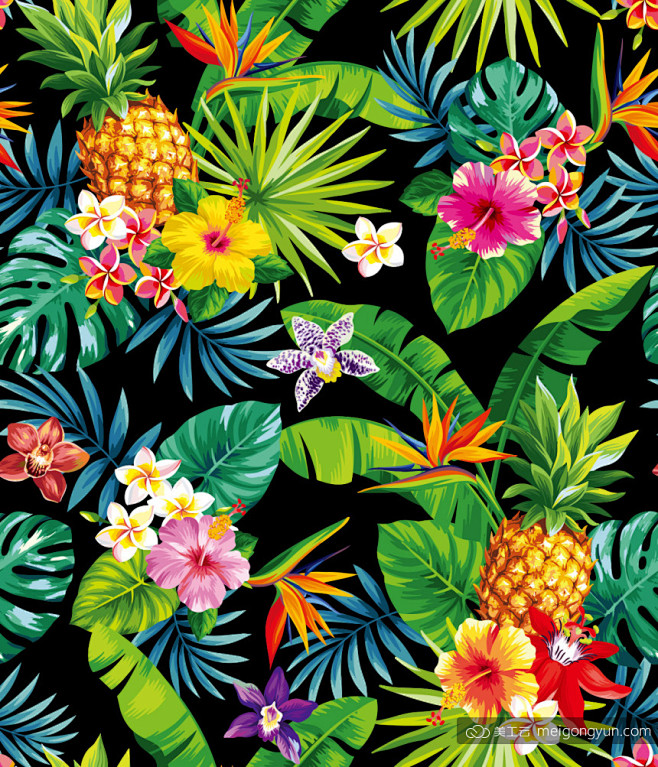 热带植物水果菠萝棕榈叶鲜花矢量插图背景设...