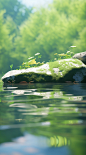 a rock covered with grass with moss on the water, in the style of rendered in cinema4d, shallow depth of field, photo-realistic landscapes, tropical landscapes, xbox 360 graphics, japanese minimalism, delicately rendered landscapes