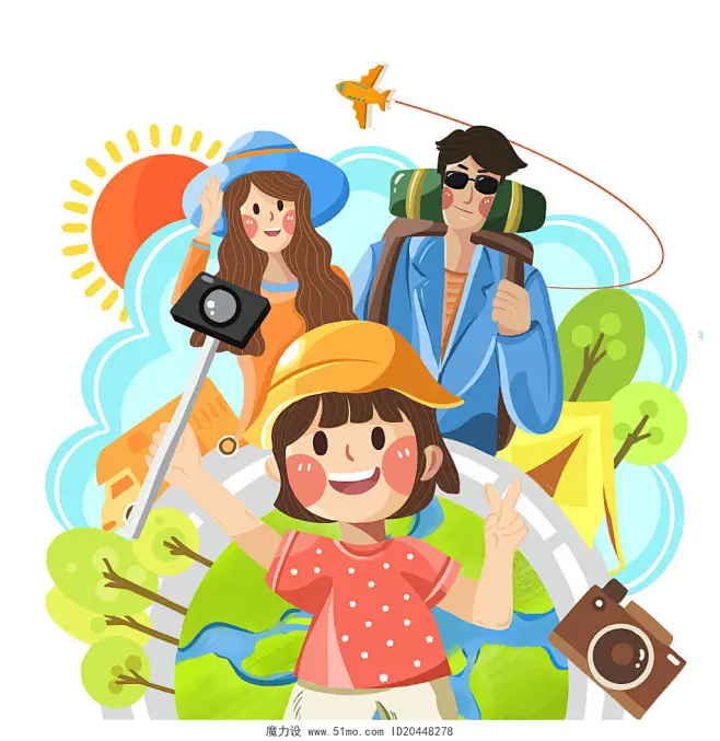 手绘卡通旅游日一家出游原创素材夏天图片素材-花瓣网