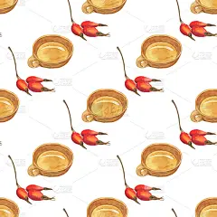 玫瑰果浆果和粘土杯无缝图案在白色背景。水彩手绘插图。适合食品设计，纺织品，壁纸。