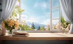 open window in the day time with white curtains, wooden wall and, in the style of motion blur panorama, tranquil gardenscapes, 32k uhd, light amber and sky-blue, lively tableaus, studyplace, misty atmosphere