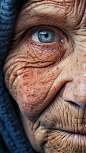 Intense Close-up photo of a very old woman's face, focus on eyes, very detailed