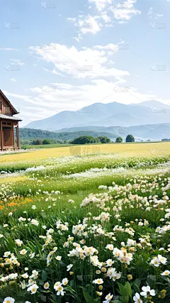 植物系列清新感户外小屋雏菊花海背景