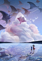 Illustrations, Illustration Art, Pastel Sky, Wallpaper Aesthetic, Sky Sea, Manta Ray, Purple Sky, Environmental Art, Anime Scenery