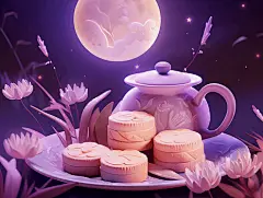 中秋满月糕点月饼茶插画卡通立体唯美手绘可爱古风插画壁纸