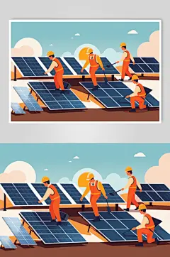 AI数字艺术太阳能光伏板工地场景插画