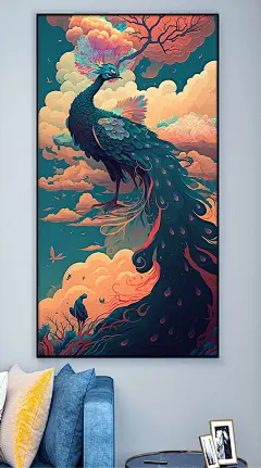 复古国潮中国风孔雀动物装饰画