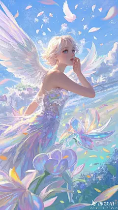 仙气飘飘，细腻的笔触，，高品质，杰作，超高清晰度，惊人的构图，极度细致，疯狂的细节，一个女孩，天使的翅膀，美丽的脸庞，完美的女性身体，（裙摆由花朵组成：1