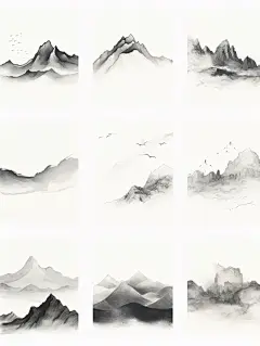 极简主义山水插图，水墨山脉由不同的线条组成黑白
