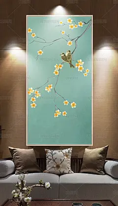 梨花手绘工笔花鸟新中式玄关背景墙装饰画
