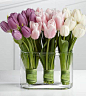 ARTIFICIAL TULIPS Flower ARRANGEMENT Pink White and Purple Modern Table Centrepiece Glass Vase and Artificial Water Ready-to-Display: 