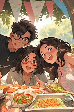 夏日聚会漫画风手绘插画