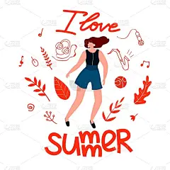 给我爱夏天的女孩的明信片假期，卡通。