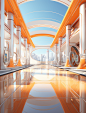an airport in space, covered in orange building, in the style of light silver and light gold, vibrant stage backdrops, memphis design, colorful sidewalk scenes, meticulous design, high resolution, animecore
