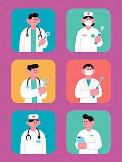 一系列6个医疗职业主题的扁平风格插画，每个插画均以不同纯色背景呈现并变换整体色调，保持相同的圆润线条、简约造型和明亮色块风格，元素类目为医疗相关职业人物，包含穿着不同医疗制服手持专业器具的医护人员，所有插画规整排布成2行3列的网格布局，无文字信息，画面简洁清晰。