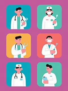一系列6个医疗职业主题的扁平风格插画，每个插画均以不同纯色背景呈现并变换整体色调，保持相同的圆润线条、简约造型和明亮色块风格，元素类目为医疗相关职业人物，包含穿着不同医疗制服手持专业器具的医护人员，所有插画规整排布成2行3列的网格布局，无文字信息，画面简洁清晰。