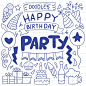 Hand drawn party doodle happy birthday ornaments illustration