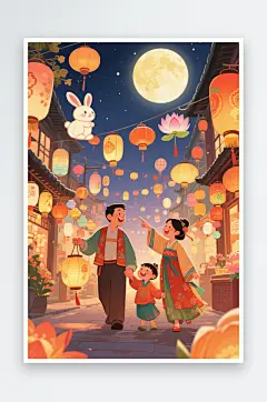 吃月饼赏月亮中秋节阖家团圆人物插画