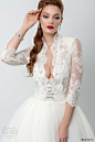 V领bien savvy bridal 2015 rebecca three quarter sleeve ball gown wedding dress lace bodice close up