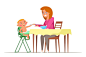 Mother feeding toddler illustration young mom giving spoon to baby sitting in highchair