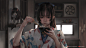 Anime 1920x1080 digital art artwork women brunette Taejune Kim eating anime girls eating chopsticks long hair illustration original characters anime girls drawing Japanese Japanese clothes kimono cats indoors anime