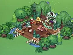 the game is showing an island with trees and plants on it, as well as some buildings
