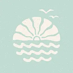 图源免费EPS |海洋日落、海浪和飞翔的海鸥印花。淡蓝色海岸度假风设计。复古夏日冲浪拼贴画