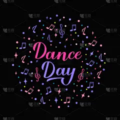 International Dance Day calligraphy hand lettering on black background. Easy to edit vector template for typography poster, logo design, banner, party invitation, postcard, sticker, flyer, etc.