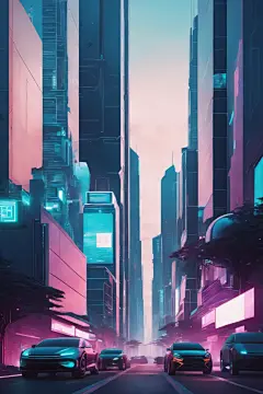 虚拟城市霓虹色赛博朋克风都市城市插画图片