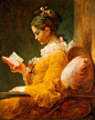 the reader--Fragonard【弗拉戈纳尔不只是会画《秋千》那种淫荡的东西，这幅画中的女子是他的小姨子，一抹鲜艳亮丽的黄色衣衫，微红的脸颊，以及开启了印象派画法的线条和色彩总令人难以忘记这个端坐着看书的女孩，日后的画家，画中爱意无限】