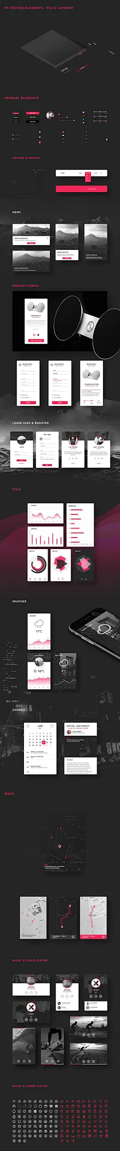 一套完整的APP界面UI工具包20160501［简约、现代、黑、白、红、PSD］下载 #APP# #iOS# #UI#